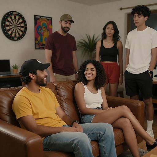 Friends Laughing in Dim Living Room