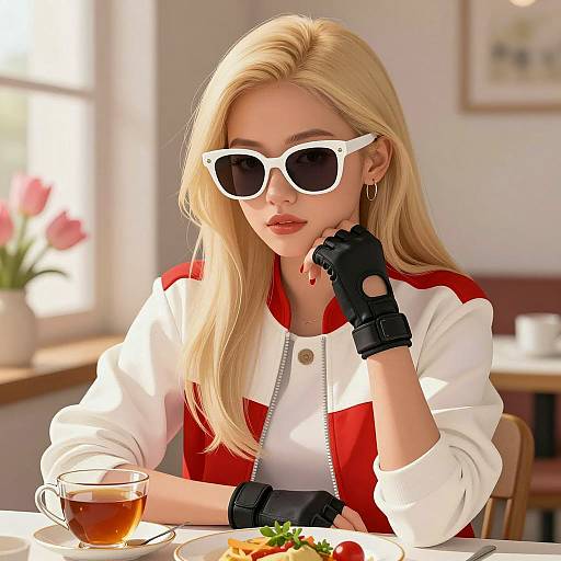 Blonde Woman with Sunglasses Drinking Tea