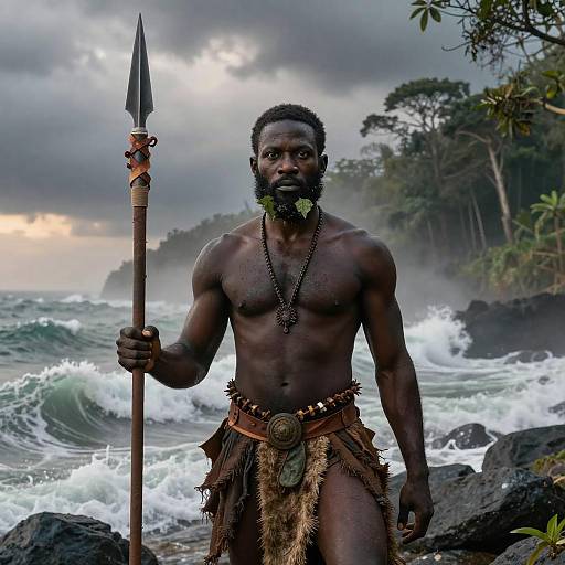 Photograph of a muscular, dark-skinned African warrior with a beard, holding a spear, wearing a fur loincloth and necklace, standing on