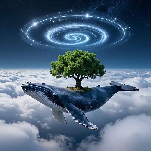 Whale Floating Above Clouds with Tree