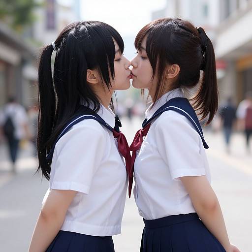 Photograph of two Asian schoolgirls in white shirts and black ties kissing on a sunlit street, blurred city background.