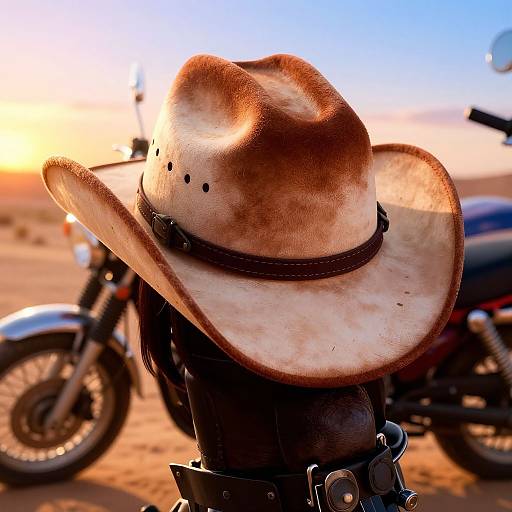 Photograph of a worn, brown leather cowboy hat with black stitching, resting on a motorcycle helmet, set against a sunset desert background with a blurred motorcycle