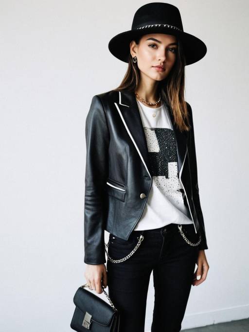 Woman in Sleek Leather Blazer and Wide-Brimmed Hat