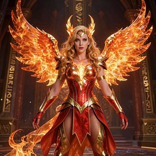 Digital art of a fiery, blonde-haired woman with glowing orange wings and red-gold armor, standing in a grand, dark, ornate hall.