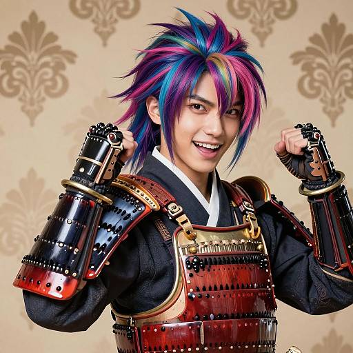 Digital artwork of a smiling Asian man with vibrant blue and pink spiky hair, wearing traditional Japanese samurai armor against a beige damask-patterned background