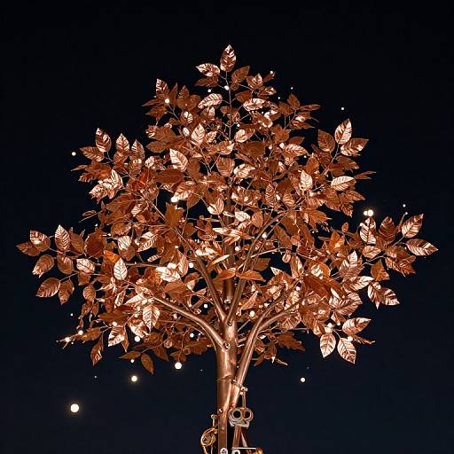 Photograph of a glowing, illuminated tree with orange leaves against a dark blue night sky, adorned with small, twinkling lights.