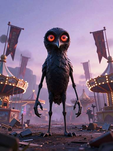 CGI image of a creepy, black-feathered bird with glowing red eyes standing in a misty, abandoned carnival at dusk.