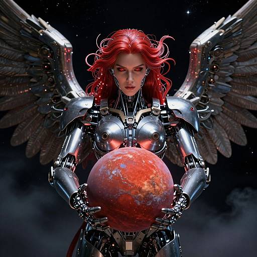 Digital artwork of a red-haired, winged cyborg holding a glowing, red planet against a starry background, exuding power and mystery.