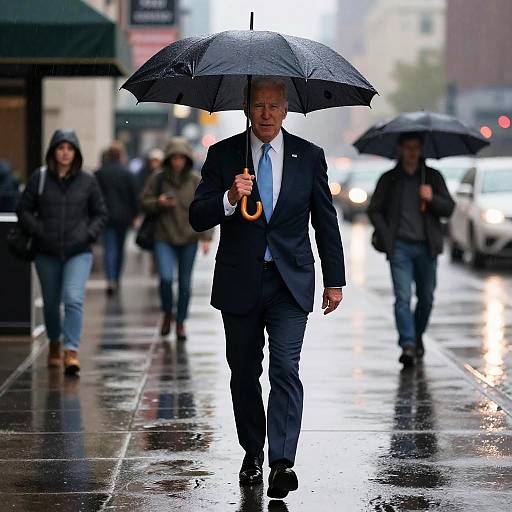 Photograph of a middle-aged man in a dark suit, white shirt, and blue tie, holding a black umbrella, walking on a rainy, reflective