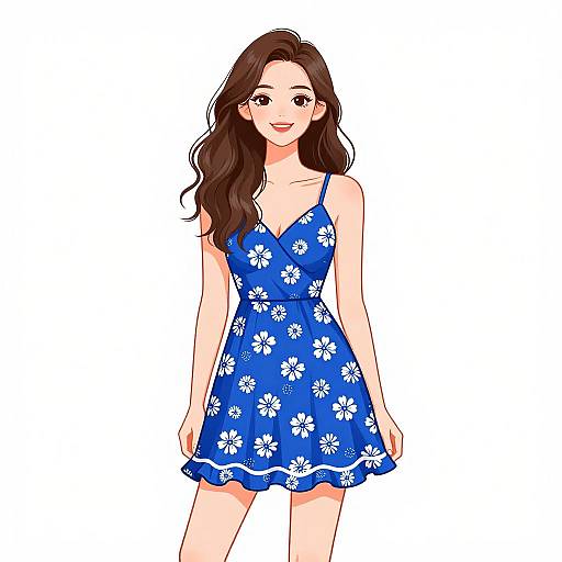 Digital illustration of a smiling young woman with long brown hair, wearing a blue floral sundress, standing against a white background.