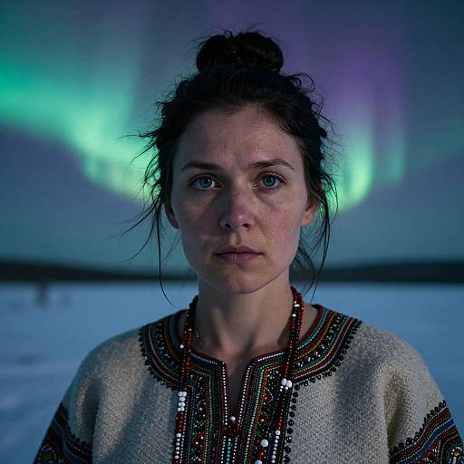 Photograph of a serious young woman with fair skin, blue eyes, and messy dark hair in traditional embroidered sweater, standing in front of vibrant green and