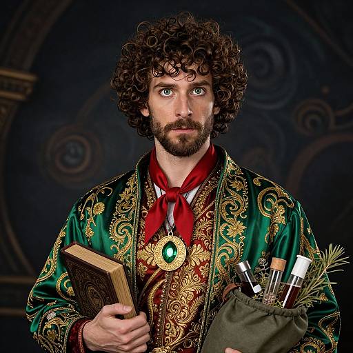 Photograph of a curly-haired, bearded man in ornate green and gold robe, holding a book and quill satchel, with a
