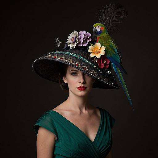 Photograph of a fair-skinned woman with red lips, wearing a dark green dress and a large, ornate hat adorned with flowers, a pe