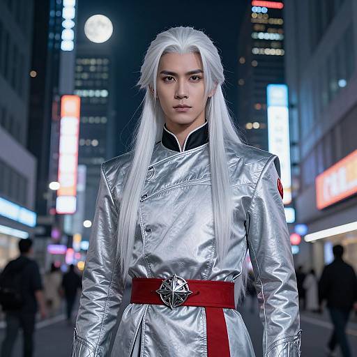 Photograph of a white-haired, androgynous individual in a silver, metallic jacket with red belt, standing in a neon-lit urban night