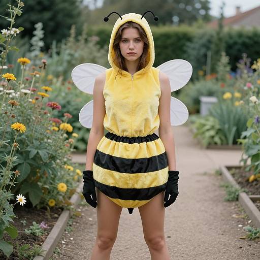Young Woman in Bee Costume in Garden