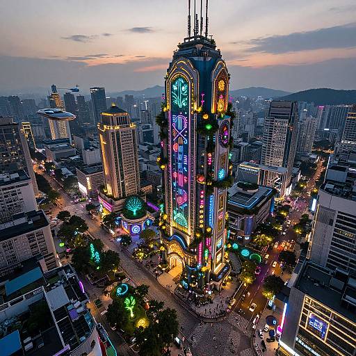 Aerial photograph of a vibrant, neon-lit skyscraper in a bustling urban cityscape at sunset, surrounded by illuminated buildings and busy streets.