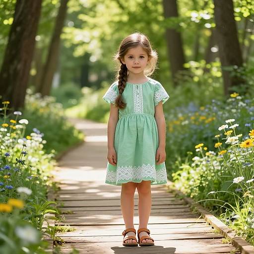 Photograph of a young girl with long brown hair in a braid, wearing a mint green lace dress and sandals, standing on a wooden path lined