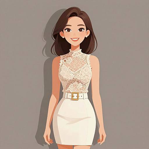 Digital anime-style drawing of a smiling woman with dark brown hair, wearing a white lace sleeveless top and white high-waisted skirt with a gold