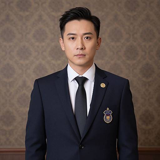 Photograph of an Asian man with short black hair, wearing a black suit, white shirt, black tie, and a school crest on his jacket,
