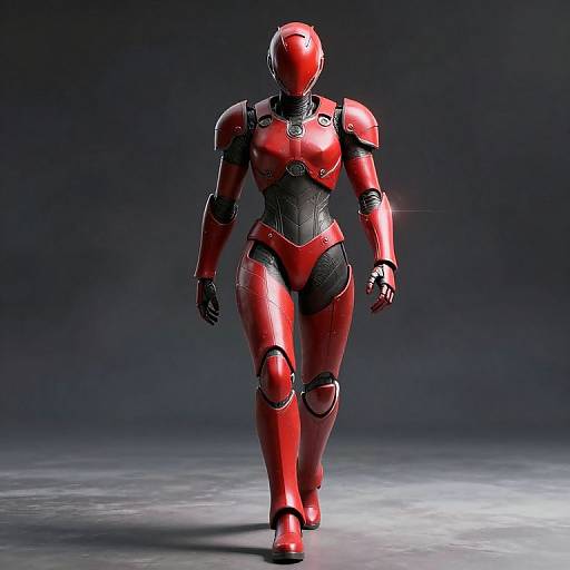Photorealistic CGI of a red and black humanoid robot with a sleek, armor-like exterior, walking forward on a dark, illuminated floor.