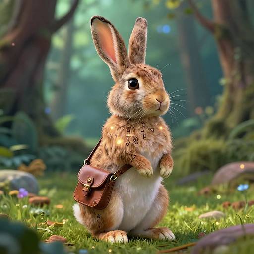 CGI image of a cute, anthropomorphic bunny with brown and white fur, wearing a small brown leather satchel, standing on grass in a