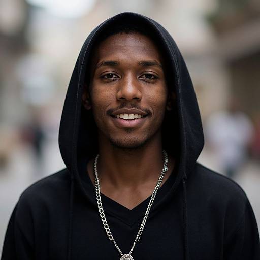 Photograph of a young Black man with dark skin, wearing a black hoodie and silver chain, smiling slightly, with a blurred urban background.