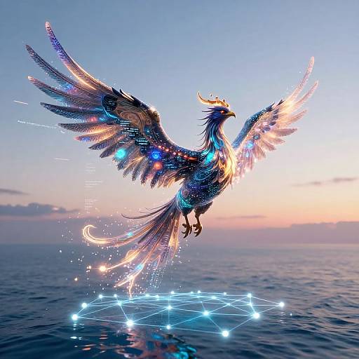 Digital art of a glowing, phoenix-like bird with iridescent feathers and glowing blue patterns, soaring over a reflective ocean at sunset.