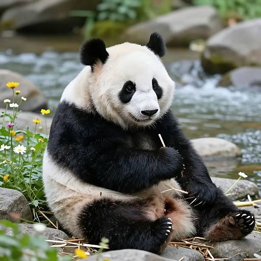 Photograph of a giant panda sitting by a rocky stream, surrounded by yellow and white flowers, with a serene, natural background.
