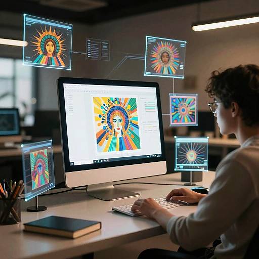 Photograph of a curly-haired woman in glasses, working on a computer in a modern office, surrounded by floating digital art of colorful sunburst portraits.