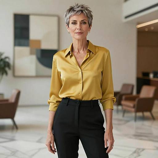 Photograph of an older woman with short gray hair, wearing a yellow satin blouse and black pants, standing in a modern, brightly lit lobby with abstract