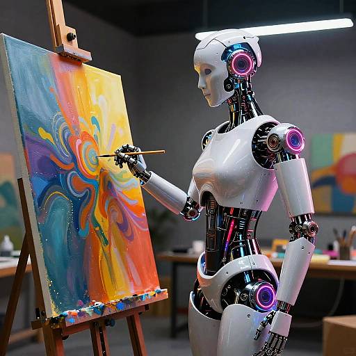 Photograph of a white, glowing, humanoid robot painting a vibrant, abstract swirl on canvas in a dimly lit studio.