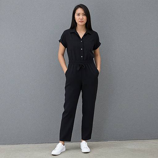 Photograph of an Asian woman with long black hair, wearing a black button-up romper and white sneakers, standing against a textured gray wall.