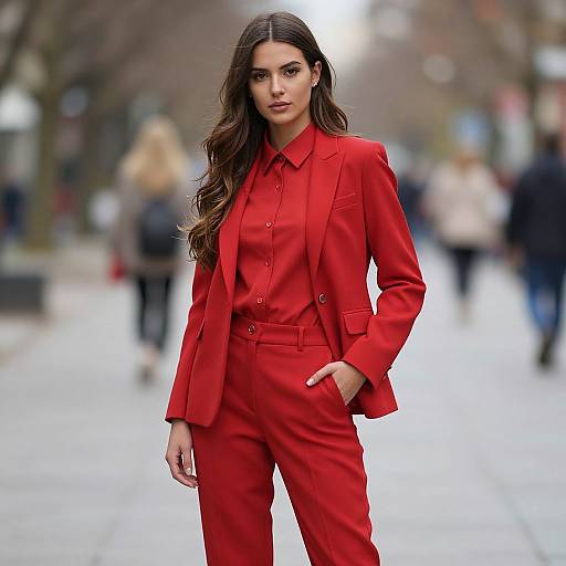 Photograph of a confident woman with long brown hair, wearing a vibrant red blazer and pants, standing in an urban street with blurred pedestrians and leaf