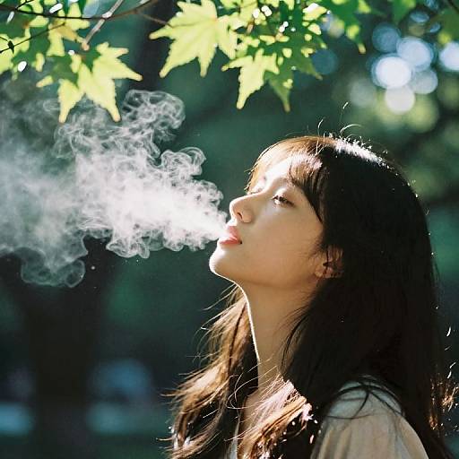 Photograph of an Asian woman with long black hair, smoking, her face illuminated by sunlight filtering through green leaves.