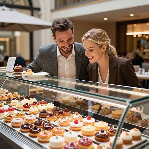 Couple Choosing Desserts in Sunlit Atrium