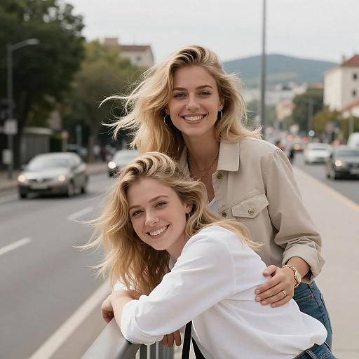 Blonde Friends Smiling in Urban Breeze