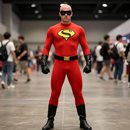 Photograph of a bald man in a red Superman suit with black gloves, boots, and mask, standing confidently in a blurred, crowded indoor convention hall