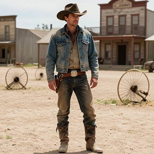 Photograph of a rugged, bearded man in a denim jacket, black hat, and jeans, standing in a dusty Western town, with old buildings