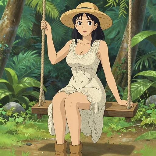 Anime-style drawing of a curvy woman with black hair, wearing a white lace dress, sun hat, and brown boots, sitting on a wooden swing