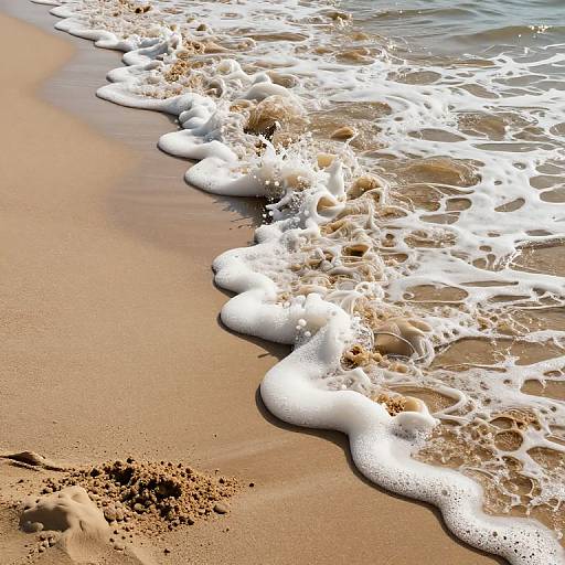 Photograph of gentle ocean waves meeting sandy shore, white foam contrasting with golden-brown sand, small clumps of wet sand visible.