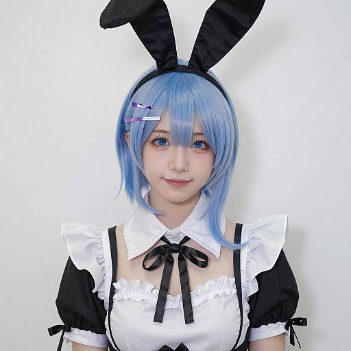 Young Woman in Blue Wig and Maid Outfit