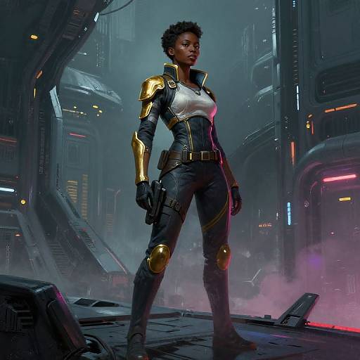 Cyberpunk African Female Warrior on Spaceship