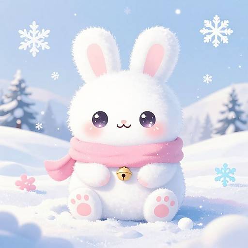 Cute digital illustration of a white, fluffy bunny with pink ears, large black eyes, pink scarf, and bell collar, sitting in a snowy landscape
