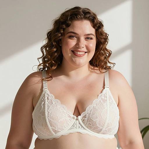 Smiling plus-size woman in white lace bra