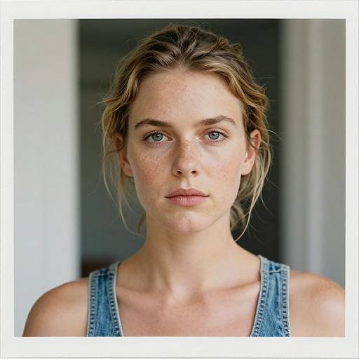 Photograph of a young woman with light brown, wavy hair, blue eyes, and fair skin, wearing a denim tank top, looking directly at