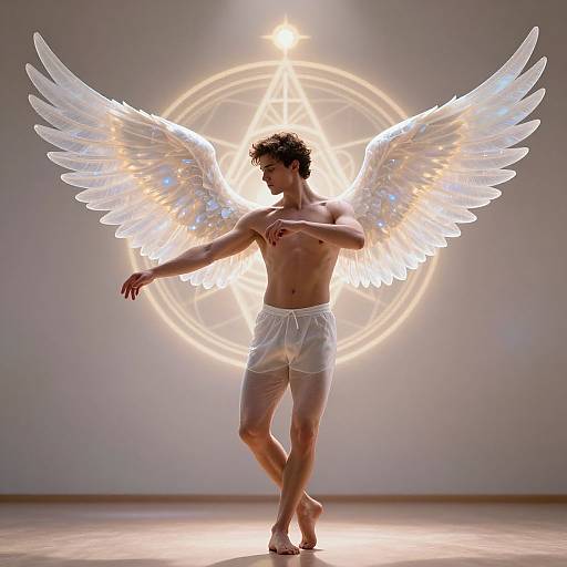 Photograph of a shirtless, curly-haired male dancer with glowing white angel wings, wearing white shorts, standing against a luminous geometric backdrop.