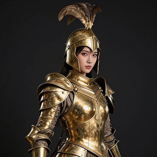 Photorealistic image of an Asian woman in shiny gold medieval armor with a feathered helmet, standing against a black background.