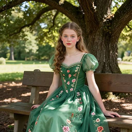 Photograph of a fair-skinned, young woman with long brown hair in a green floral dress, sitting on a wooden bench under a large tree in