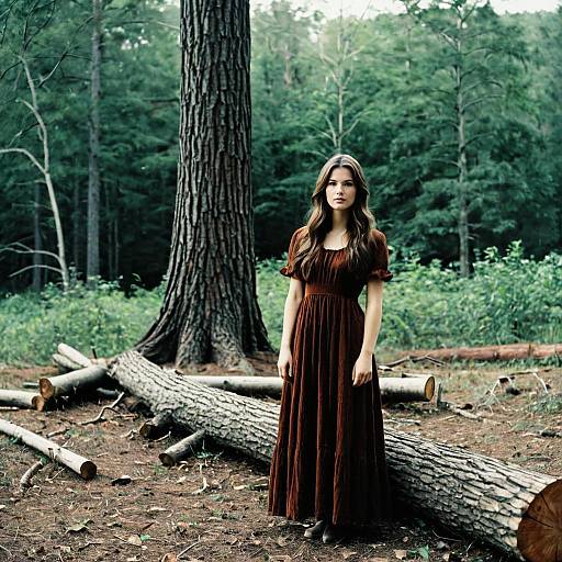 Young Woman in Brown Dress Standing in Forest