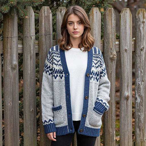 Photograph of a young woman with light brown hair, wearing a white sweater and blue-patterned cardigan, standing in front of a wooden fence.